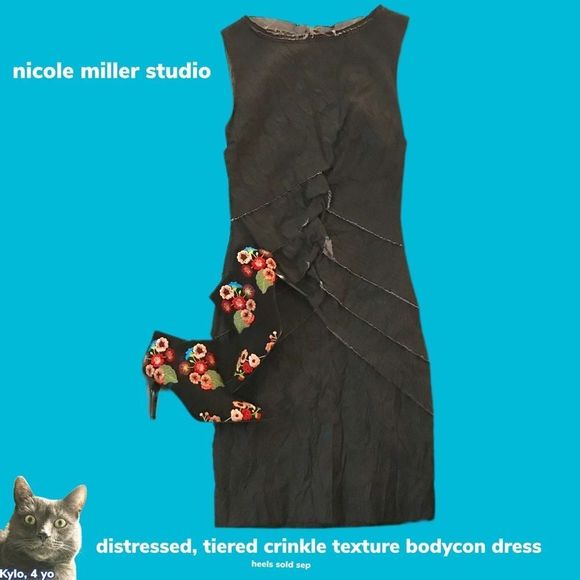 NWT $320 Nicole Miller Studio | Distressed Raw Edges Tier Crinkle Bodycon Dress - Picture 1 of 13